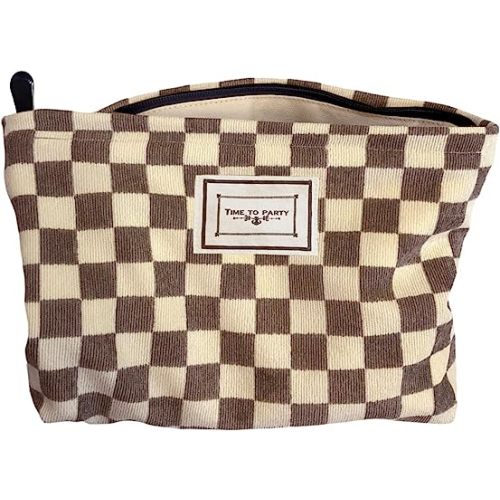 HAPPYHEIDI Women Beige Checkered Corduroy Makeup Bag Cosmetic Pouch Travel Purse Organizer, Canvas Lining, Large Capacity