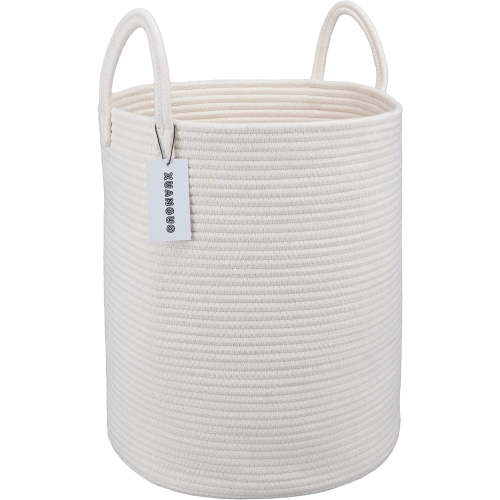 Cotton Rope Laundry Basket Hamper for Clothes Decorative Woven Storage Basket for Living Room Bedroom Boho Tall Rope Baskets for Blanket Toys Baby Nursery Hamper Bin Large white