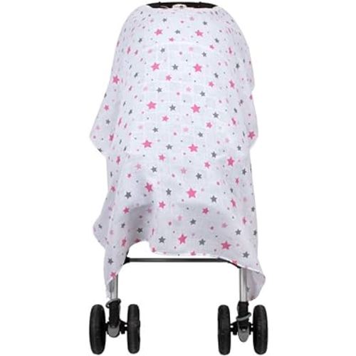 Muslin Stroller Cover - Versatile Baby Stroller Sunshade, Windbreaker, and Insect Shield - Stylish and Breathable Travel Accessory (Pink Star)