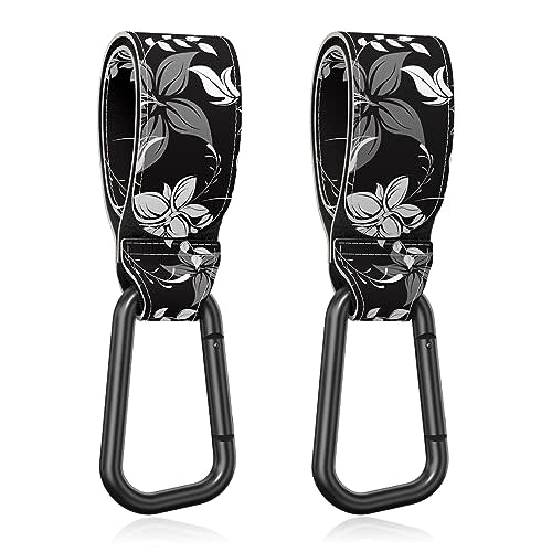 Gukeniu Baby Stroller Hooks for Hanging Bags, Universal Stroller Clips Accessories, Mommy Hook for Diaper Bag, Shopping Cart, Purse, Backpack - 2 Pack, Black Flower