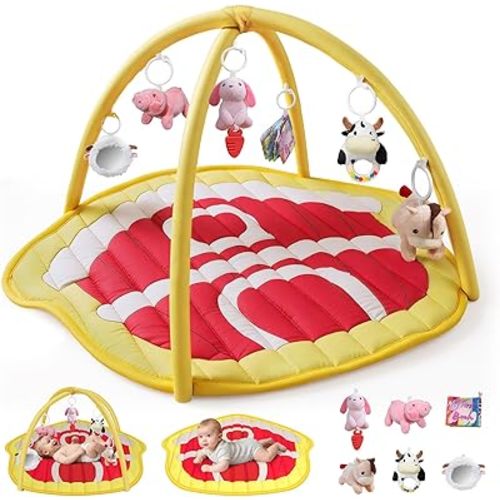 IPOZITO Baby Play Mat with Hanging Rattles, Baby Activity Mat for Sensory Development, Baby Tummy Time Play Mat to Improve Motor Skills and Visual Tracking