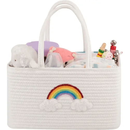 OIAHOMY Large Baby Diaper Caddy Organizer, Portable Baby Basket with Handles, Baby Gift Basket for Newborn, Diaper storage Organizer for Changing Table and Car,Rainbow-White