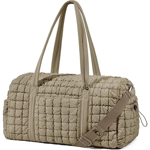 Quilted Travel Duffle Bag for Women Weekender Bag Large Puffer Overnight Bags Soft Puffy Duffel Bag Carry on Gym Bag Lightweight Personal Item Travel Bag for Trips Business Sport Airplane (Stone)