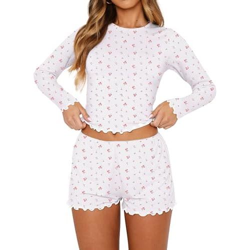 Lacozy Cute Pajama Sets for Women 2 Piece Floral Print Fall Pj Set Woman Long Sleeve Crop Top and Short Y2K Sleep Set