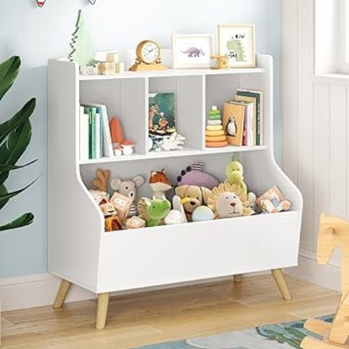 Kids Bookshelf and Toy Storage, 3-Tier Wooden Open Bookcase, Baby Book and Toy Storage Display Organizer with Spacious Top Shelf for Children, Family, White(Large Size)