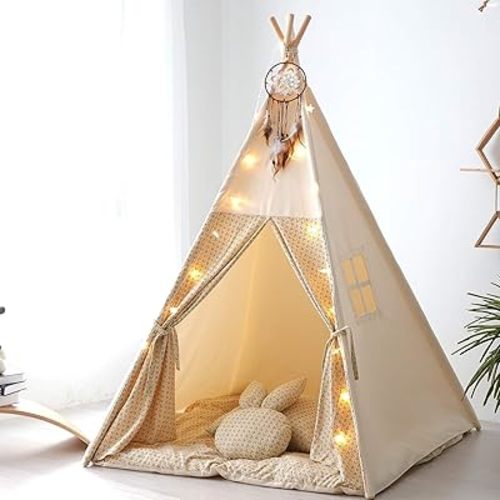 Teepee Tent for Kids with Mat,Foldable Play Tents for Girl and Boy with Carrybag,Canvas Tipi Playhouse for Children Indoor Outdoor(Beige & Mat)