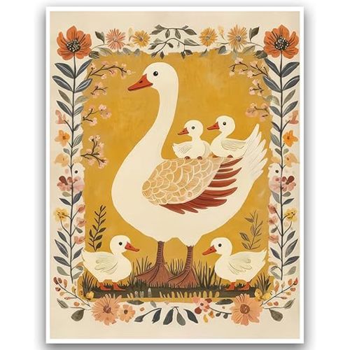 Retro Farmhouse Canvas Prints Cute Animals Wall Art Baby Nursery Poster Farmhouse Kitchen Whimsical Goose & Goslings Warm Yellow Tones Hand-Painted Style Picture 12x16 Inch Unframed Canvas for Baby Room