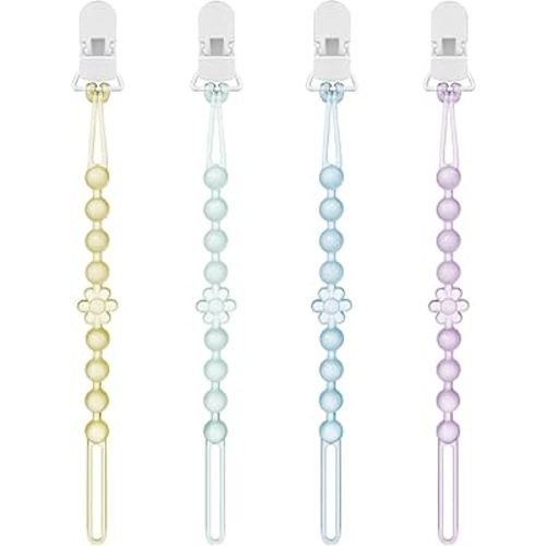 Silicone Pacifier Clip Holder with One-Piece Beads, 4 Packs Soft Flexible and Rust-Free Binky Pacifiers Clips for Teething Relief Baby Essentials Accessories, Safe for Boy and Girl