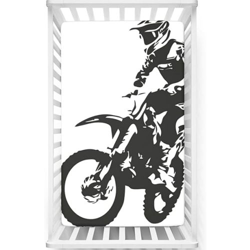 Dirtbike Themed Fitted Crib Sheet,Standard Crib Mattress Fitted Sheet Ultra Soft Material - Crib Mattress Sheet or Toddler Bed Sheet,28“ x52“,Dark Grey and White