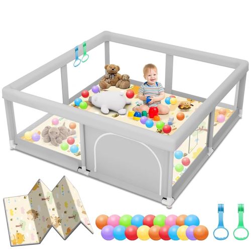 Baby Playpen with Mat, 50 x 50 inch, PlayPen for Babies and Toddlers, Sturdy Safety Play Pen with Soft Breathable Mesh (Ball and Pull Rings Included)