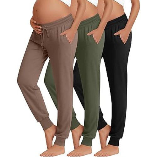 3 Pack Women's Lounge Maternity Pants, Casual Joggers Underbelly Pregnancy Sweatpants with Drawstring and Pockets