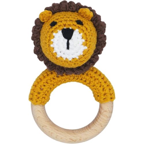 Woodland Friends Baby Rattle Shaker Toy with Wooden Teething Ring for Infants 3 6 9 12 Months Crochet Lion