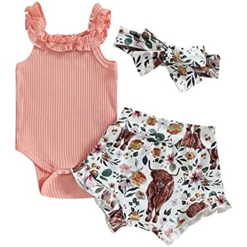 CIYCUIT Newborn Baby Girl Summer Clothes Ruffle Sleeveless Ribbed Top Bloomers Shorts Set