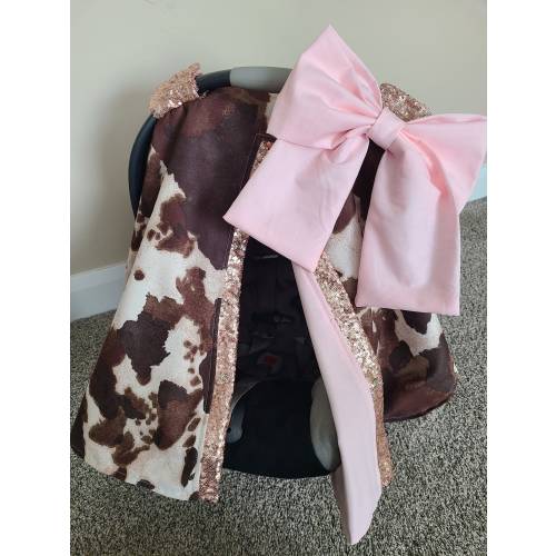 Western Cow Blush Carseat Cover, Sequin carseat cover, Cow blush Car Seat Canopy, Baby Shower Gift