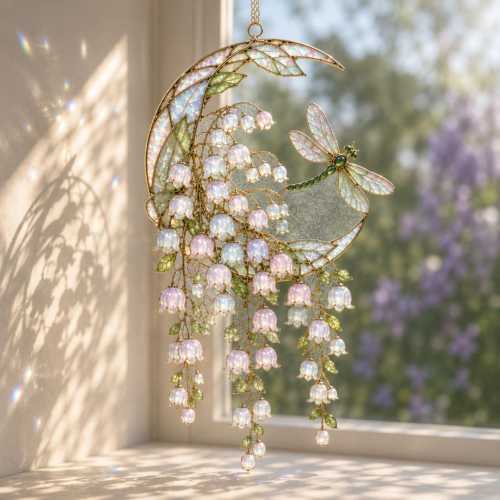 Lily Of The Valley Moon Suncatcher, Window Hanging, Acrylic Garden Decor, Lily Stained Glass, Plant Lover Gift, Birth Month Flower Gift Idea