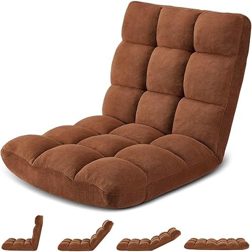 Folding Floor Gaming Chair 14-Poistion Cushioned Adjustable Floor Lazy Sofa Chair w/Breathable Cotton & Skin-Friendly Flannel for Adults & Kids Perfect for Reading Gaming Meditating, Brown
