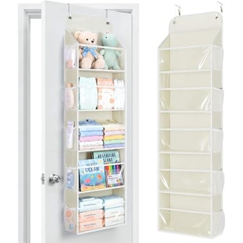 Yecaye 5-Tier Over the Door Organizer Hanging, Toy Stuffed Animal Storage, Behind the Door Storage with 5 Clear View Windows & 10 Side Pockets, Over the Door Storage for Bathroom Closet Nursery, Beige