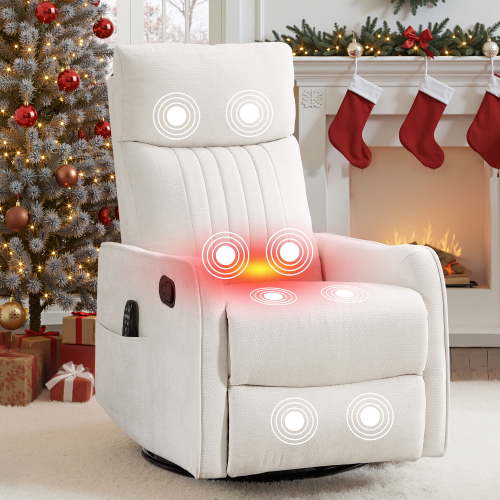 PAPROOS Swivel Rocker Recliner, Fabric 360°Swivel Rocking Chair with Massage and Heat, Glider Rocking Recliner for Nursery, Small Rocker Chair Manual Recliner for Home Theater Living Room, Light Gray