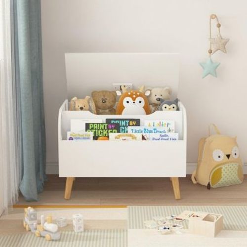 Roomtec Wooden Toy Chest,kids Toy Storage Organizer W/front Bookshelf,flip-top Lid And Safety Hinge