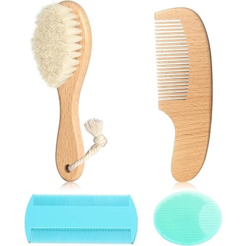 Goat Baby Hair Brush Set, Safe Natural Hair Care Kit with Wooden Soft Goat Bristles Hairbrush Comb Green Silicone Bath Brush for Newborns Toddlers (4pcs Set)