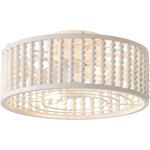 Ceiling Fans with Lights and Remote, Caged Ceiling Fan with Handcrafted Beaded Décor 6 Speeds Reversible 19 inches Bulbs Included for Flush Mount Ceiling Indoor, Off-White