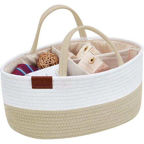 DECOMOMO Diaper Caddy Organizer Portable Rope Nursery Storage Basket W/Removable Divider | Great for Nursery/Baby Gift/Toys/Stationary/Makeup/Kitchen (Beige & Ivory White, Large)