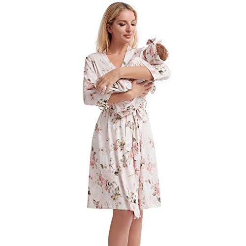 Galabloomer Maternity Robe and Baby Receiving Blanket, Matching Mommy Labor Delivery Robe and Swaddle Set Vintage rose