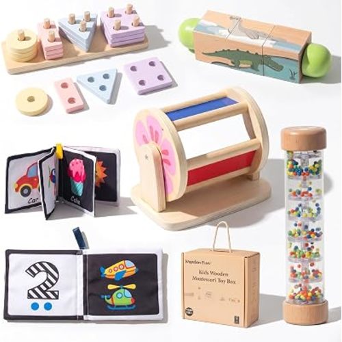 Montessori Baby Toys Play Kit, Wooden Newborn Learning Set Mirror Spinning Drum, Rain Stick, Soft Cloth Books, Shape Sorter, Baby Roller - Christmas Birthday Gift for Toddlers