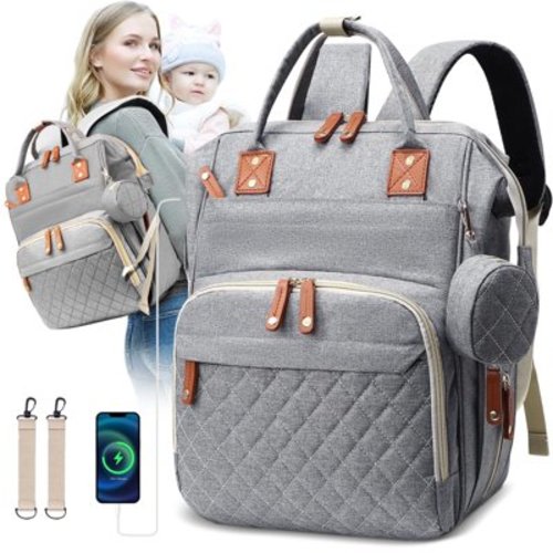 Morfone Baby Diaper Bag Backpack, Multifunction Waterproof Baby Bag with USB Charging Port, Stroller Straps & Pacifier Case Unisex, Gray