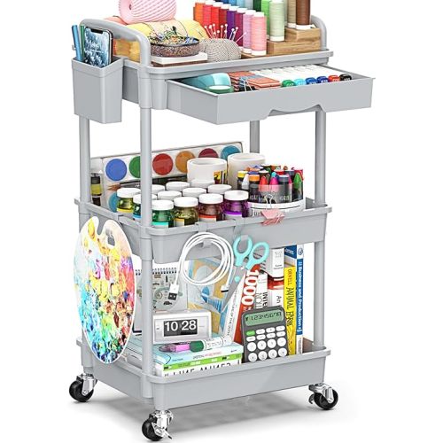 3-Tier Rolling Cart with Drawer & Lockable Wheels, Plastic Shelf Storage Organizer Cart – Easy Assembly, Waterproof Design for Kitchen, Bathroom, Office, Gray