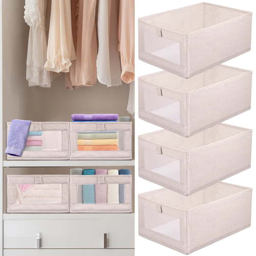 4Pcs Closet Storage Bins 15.7×10.6×6.7 Inch Clothing Bin with Clear Window Foldable Closet Organization Cotton Linen Wardrobe Storage Box Storage Organizer