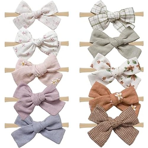 Baby Girl Bows and Headbands,10 pcs Stretchy Soft Nylon Hairbands Hair Bows for Newborns, Infants, Toddlers - Handmade Baby Hair Accessories for Girls Gifts