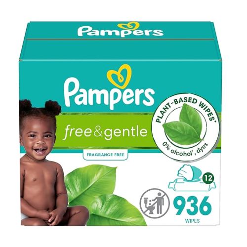 Pampers Free & Gentle Baby Wipes, 99% Water, Hypoallergenic, Unscented, 100% Plant Based, Plastic-Free Baby Wipes, 936 Baby Wipes Total (12 Flip-Top Packs) - 78 Count (Pack of 12)