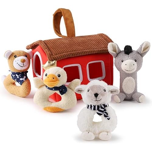 iPlay, iLearn Baby Toys 3 6 12 Month Newborn Gifts, Infant Soft Farm Stuffed Animal Rattles W/Plush Barn Box, Boy Girls Stocking Stuff, Shower Basket Stuffer, Sensory Toy for 0 4 7 9 Month 1 Year Old