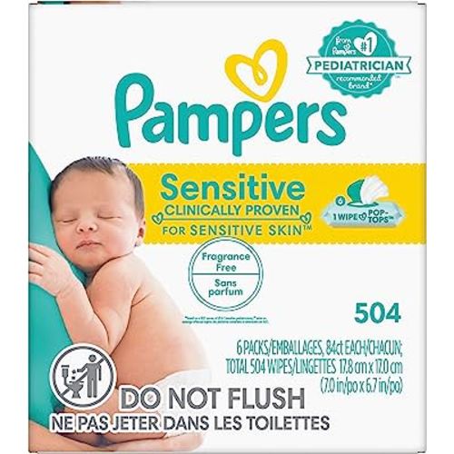 Baby Wipes, Pampers Sensitive Water Based Baby Diaper Wipes, Hypoallergenic and Unscented, 504 Total Wipes (Packaging May Vary)