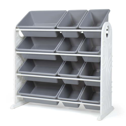 Your Zone White Kids Plastic Toy Storage Organizer with 12 Grey Colored Plastic Storage Bins