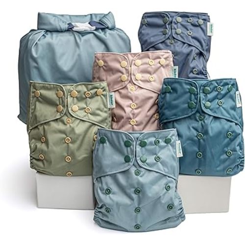 Kinder Cloth Diapers Reusable Baby Diapers Pocket Style Athletic Wicking Jersey, Wet Bag, Newborn to Potty Training 7-60lbs, One Size, Inserts NOT Included (Coastal Calm, 5 Pack, Without Inserts)