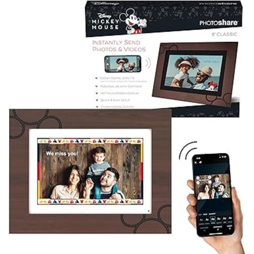 Disney Classic Mickey Mouse Photoshare 8” WiFi Digital Photo Frame | Send Photo or Video from Phone to Digital Picture Frame with Free PhotoShare Frame v2 app | End-to-End Encryption | Espresso Wood