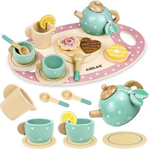Airlab Wooden Tea Party Set for Girls Boys Pretend Play Kids Kitchen Accessories Food Toys with Teapots Cups Dessert Tray Toddlers Gift for 3 4 5 Years Old