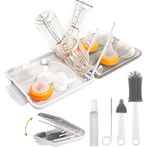 Travel Baby Bottle Drying Rack Set with Extendbale Protable Silicone Bottle Brush, Nipple Cleaner Brush,Straw Brush Compact Size Baby Essential for Newborn & Moms (White)
