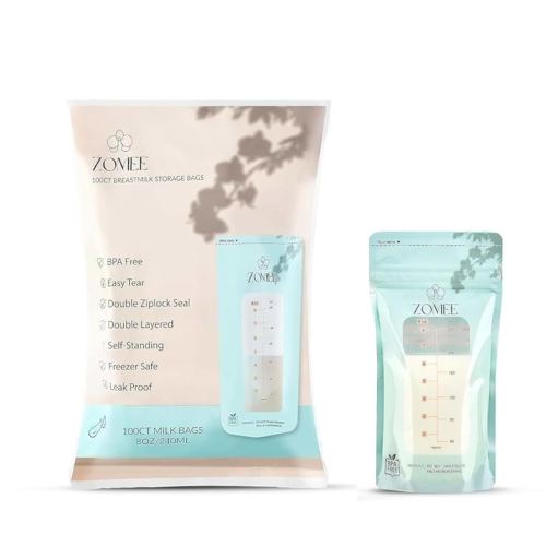 Zomee Disposable 8 oz Breast Milk Storage Bags w/Double Zipper Seal – Count – Leak-Proof – Self-Standing Breast Milk Storage Solution for Fridge or Freezer - Mutiple count Packs (Pack of 100)