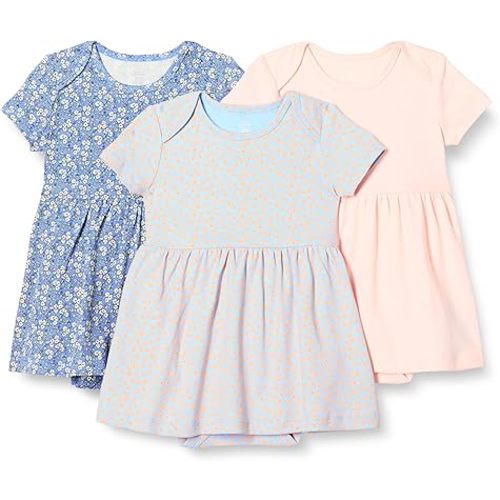 Amazon Essentials Baby Girls' Short Sleeve Bodysuit Dress, Pack of 3