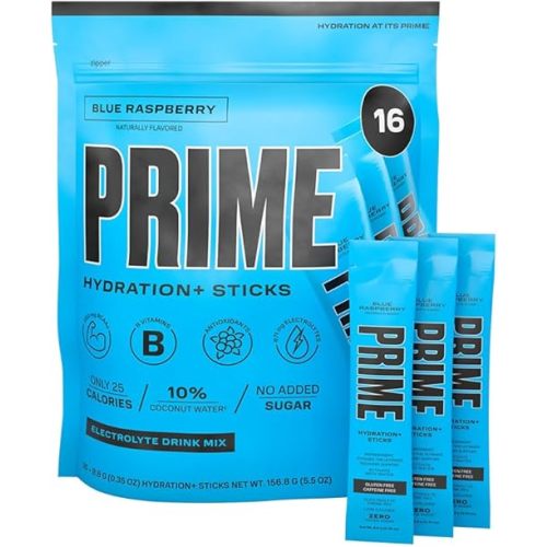 PRIME HYDRATION+ Sticks Blue Raspberry | Hydration Powder Single Serve Sticks | Electrolyte Powder On The Go | 250mg BCAAs, B Vitamins, Antioxidants | Low Sugar | Caffeine-Free | Vegan | 16 Sticks