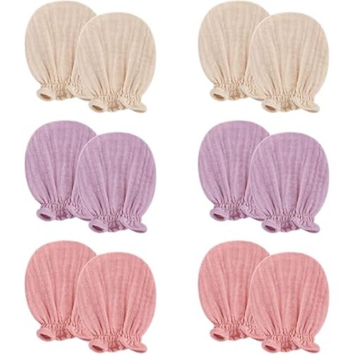 Pro Goleem Muslin Baby Mittens for Newborn, 100% Cotton No Scratch Soft Breathable Gloves for Boys and Girls 0-6 months - Pink Purple Beige 6