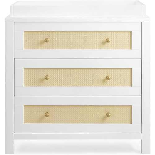 Simmons Kids Theo 3 Drawer Dresser with Changing Top and Interlocking Drawers, Bianca White/Textured Almond