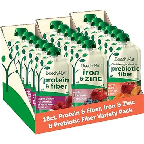 Beech-Nut Baby & Toddler Food Pouches Variety Pack, Protein & Fiber/Iron & Zinc/Prebiotic Fiber Fruit & Veggie Purees, 3.5 oz (18 Pack)