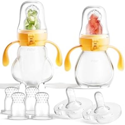 Baby Fruit Feeder, Food Feeder Pacifier, Safe Self Feeding for Infants, 2 Pack Mesh Feeder, Silicone Food Pouches Teether, 6 Pacifiers for Teething Relief, BPA-Free, Yellow