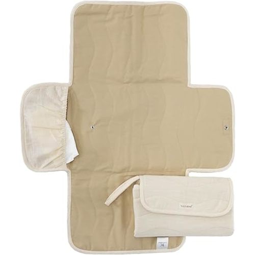 Toddlekind Portable Changing Pad – Organic Cotton & Water-Resistant Polyester – Travel-Friendly, Foldable Change Mat – Tofu Beige Stripes with Wave Stitching – Chic, Durable, Easy to Clean