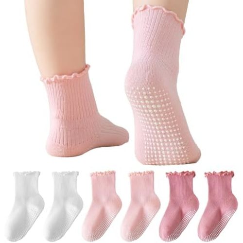 BISOUSOX White Ruffle Socks for Girls, Baby Girl Toddler Grip Socks Cute Grippy Frilly Dress Sock 0-6 6-12 Months 1-5T