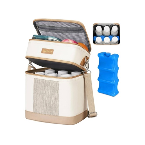 Mancro Breastmilk Cooler Bag with Ice Pack, Double Layer Insulated Baby Bottles Bag Fits 6 Bottles Up to 9 Ounces, Portable Breast Pump Cooler Travel Bag for Daycare and Nursing Moms, Beige